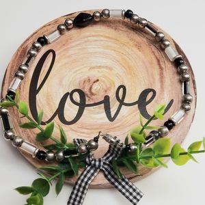 Glass beads, Silver Metal Balls and Black Stone Beads Necklace
